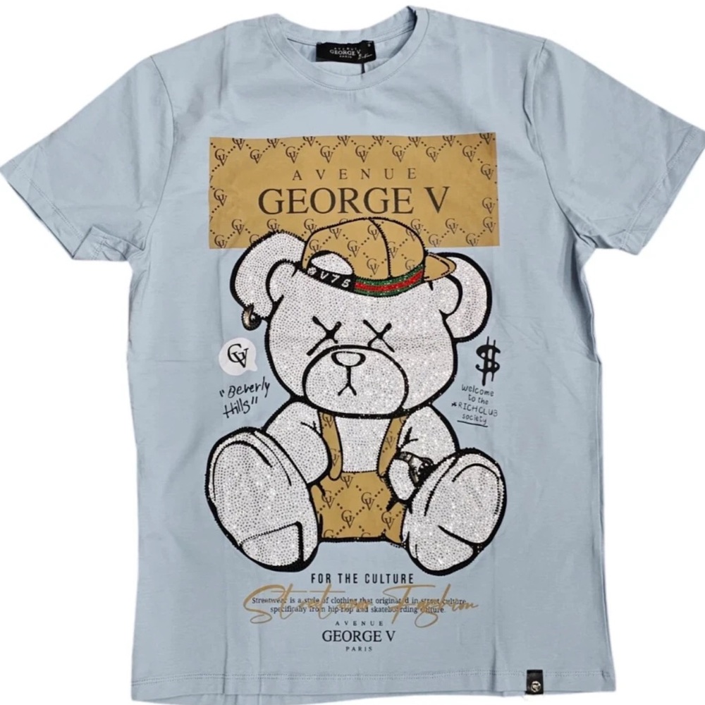 Avenue George V Paris Men's Blue T-Shirt Crystal rhinestone Teddy Bear fitted